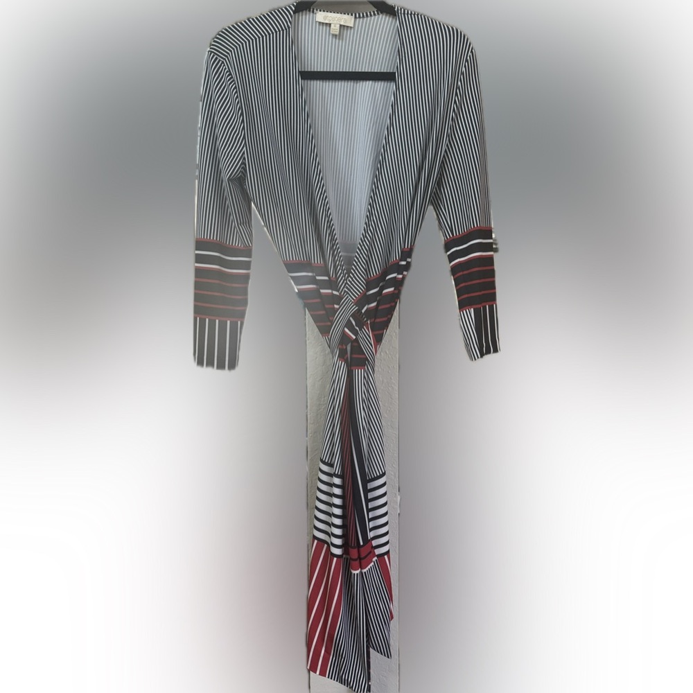 ETCETRA striped black-and-white wrap‎ dress with red accents, NWOT size 6